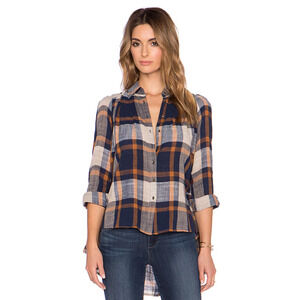 Free People Womens Peppy In Plaid Navy Combo Hi Low Button Up Top Small
